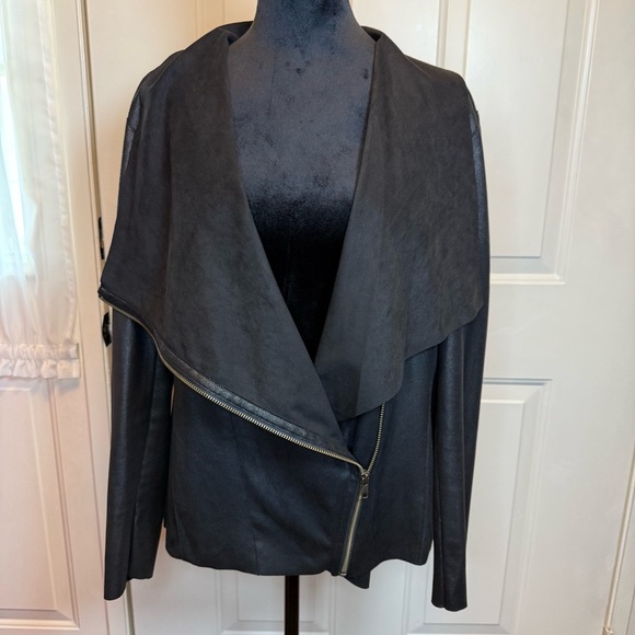 Mote Faux Leather Suede Moto Draped Jacket Asymmetrical Zip-Up Sz Medium Black - Picture 2 of 14